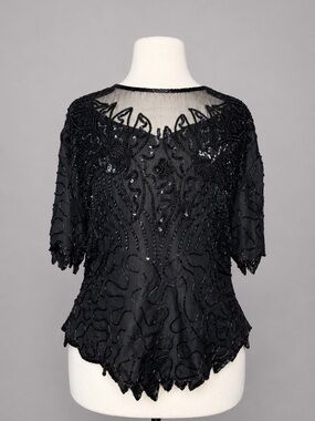 Vintage Laurence Kazar XL Black Beaded Sequin Silk Evening Top Blouse